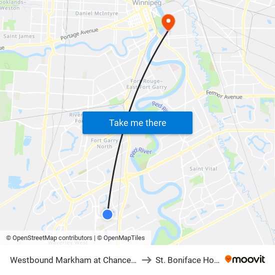 Westbound Markham at Chancellor West to St. Boniface Hospital map