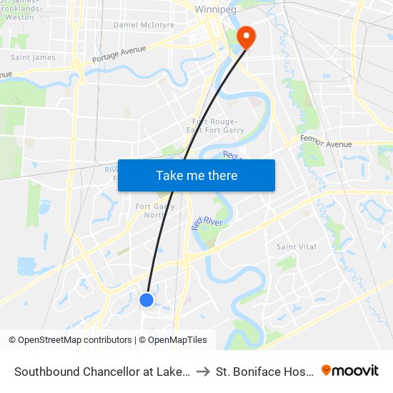 Southbound Chancellor at Lake Crest to St. Boniface Hospital map