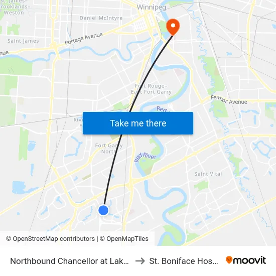 Northbound Chancellor at Lakeside to St. Boniface Hospital map