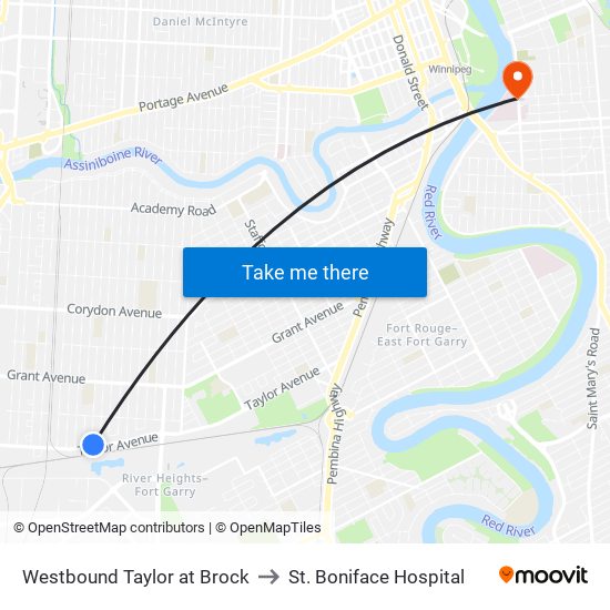 Westbound Taylor at Brock to St. Boniface Hospital map