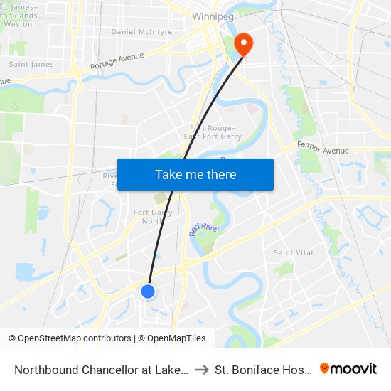 Northbound Chancellor at Lake Albrin to St. Boniface Hospital map