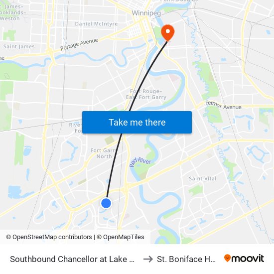 Southbound Chancellor at Lake Grove West to St. Boniface Hospital map