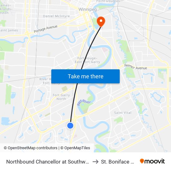 Northbound Chancellor at Southwest Transitway to St. Boniface Hospital map