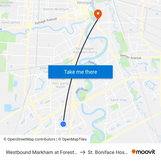 Westbound Markham at Forest Lake to St. Boniface Hospital map