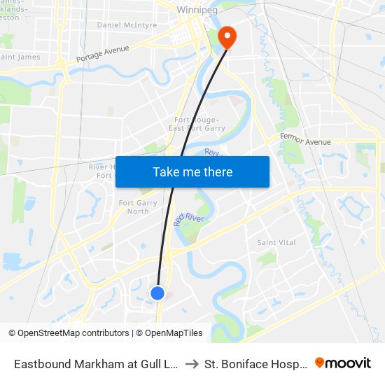 Eastbound Markham at Gull Lake to St. Boniface Hospital map