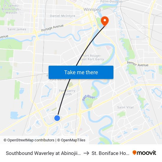 Southbound Waverley at Abinojii Mikanah to St. Boniface Hospital map