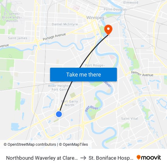 Northbound Waverley at Clarence to St. Boniface Hospital map