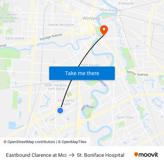 Eastbound Clarence at Mci to St. Boniface Hospital map