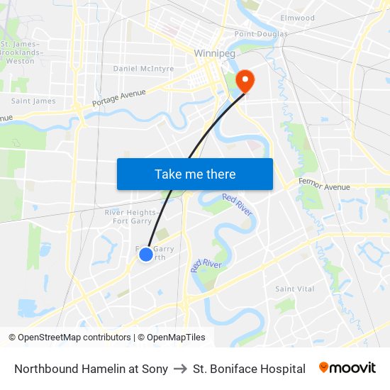 Northbound Hamelin at Sony to St. Boniface Hospital map