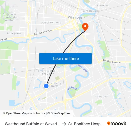 Westbound Buffalo at Waverley to St. Boniface Hospital map