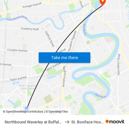 Northbound Waverley at Buffalo North to St. Boniface Hospital map