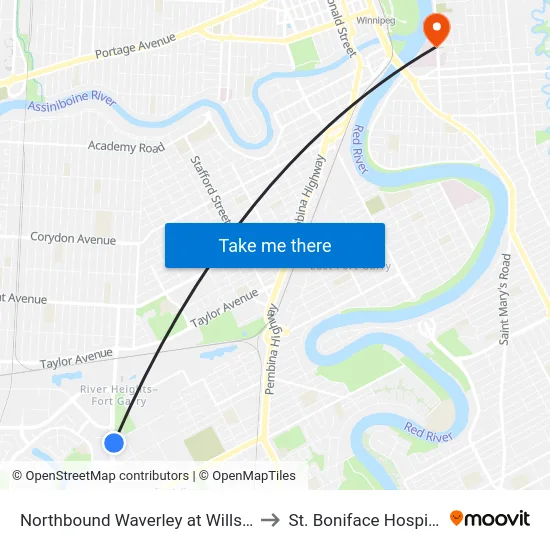 Northbound Waverley at Willson to St. Boniface Hospital map