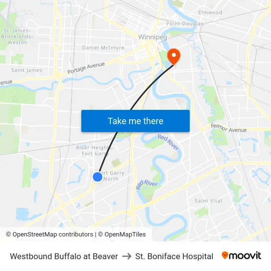 Westbound Buffalo at Beaver to St. Boniface Hospital map