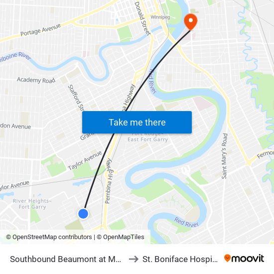 Southbound Beaumont at Mars to St. Boniface Hospital map