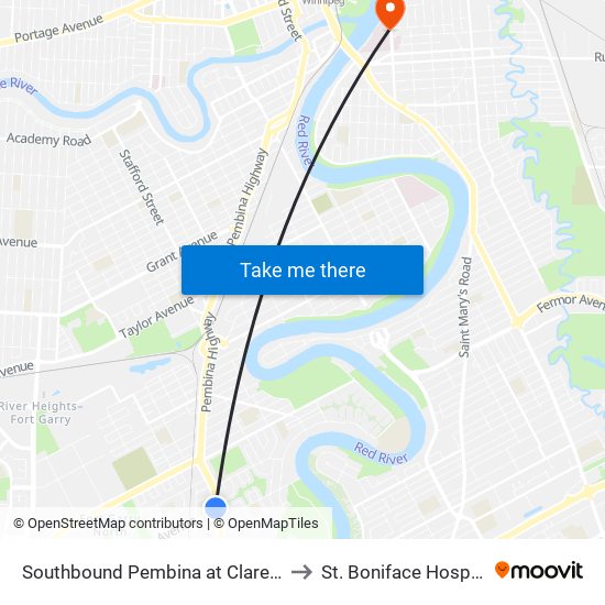 Southbound Pembina at Clarence to St. Boniface Hospital map