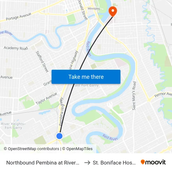Northbound Pembina at Riverwood to St. Boniface Hospital map