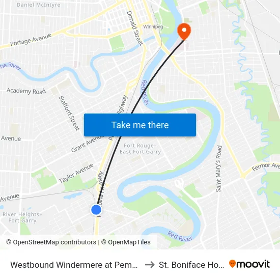 Westbound Windermere at Pembina West to St. Boniface Hospital map
