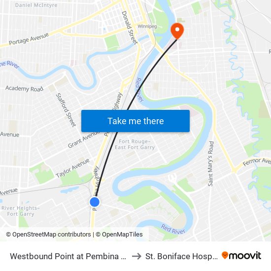 Westbound Point at Pembina East to St. Boniface Hospital map