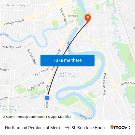 Northbound Pembina at Merriam to St. Boniface Hospital map