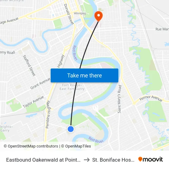 Eastbound Oakenwald at Point Road to St. Boniface Hospital map