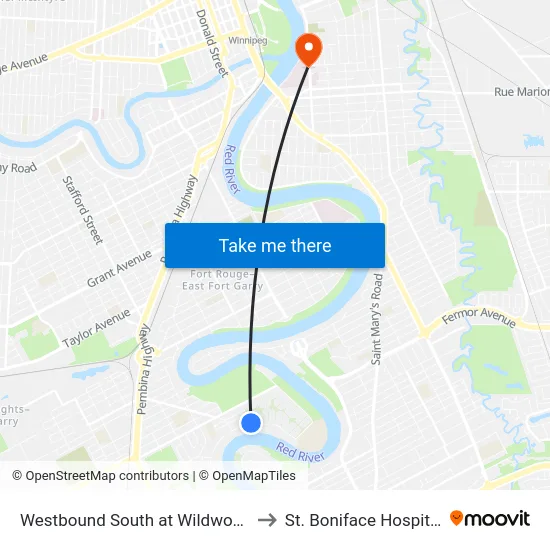 Westbound South at Wildwood to St. Boniface Hospital map