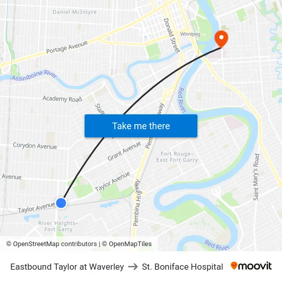 Eastbound Taylor at Waverley to St. Boniface Hospital map