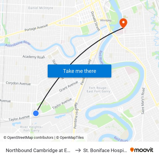 Northbound Cambridge at Ebby to St. Boniface Hospital map