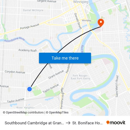 Southbound Cambridge at Grant South to St. Boniface Hospital map