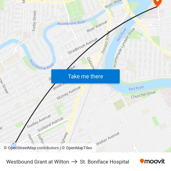 Westbound Grant at Wilton to St. Boniface Hospital map
