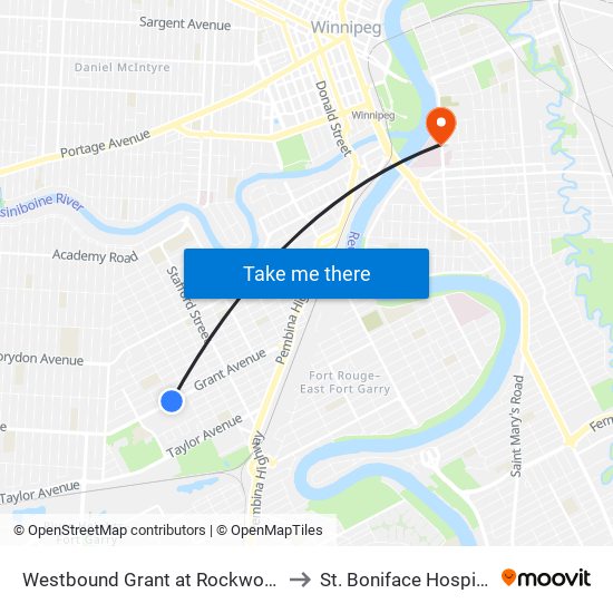 Westbound Grant at Rockwood to St. Boniface Hospital map