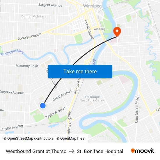 Westbound Grant at Thurso to St. Boniface Hospital map