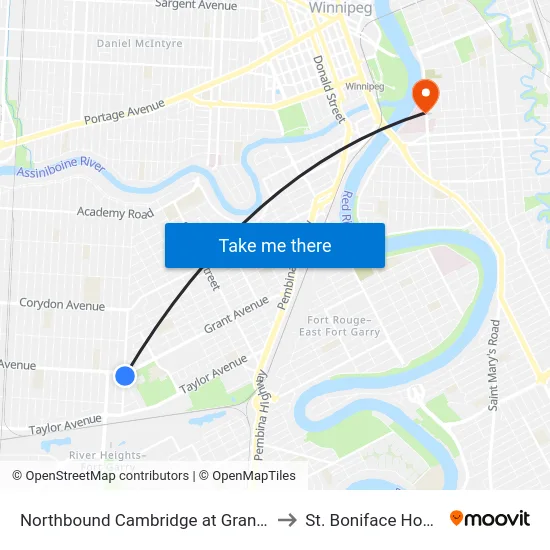Northbound Cambridge at Grant South to St. Boniface Hospital map