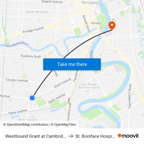 Westbound Grant at Cambridge to St. Boniface Hospital map