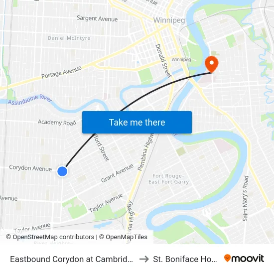 Eastbound Corydon at Cambridge West to St. Boniface Hospital map
