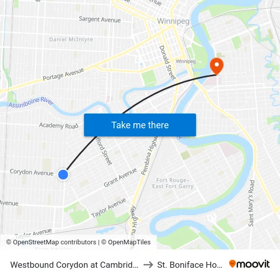 Westbound Corydon at Cambridge West to St. Boniface Hospital map