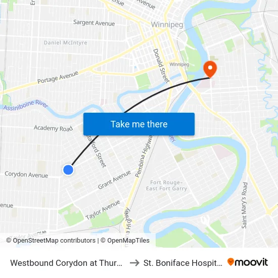 Westbound Corydon at Thurso to St. Boniface Hospital map