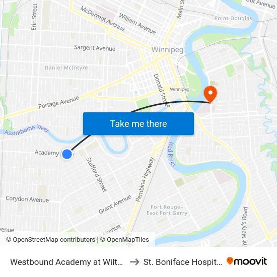Westbound Academy at Wilton to St. Boniface Hospital map