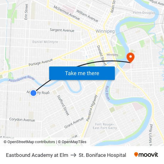 Eastbound Academy at Elm to St. Boniface Hospital map