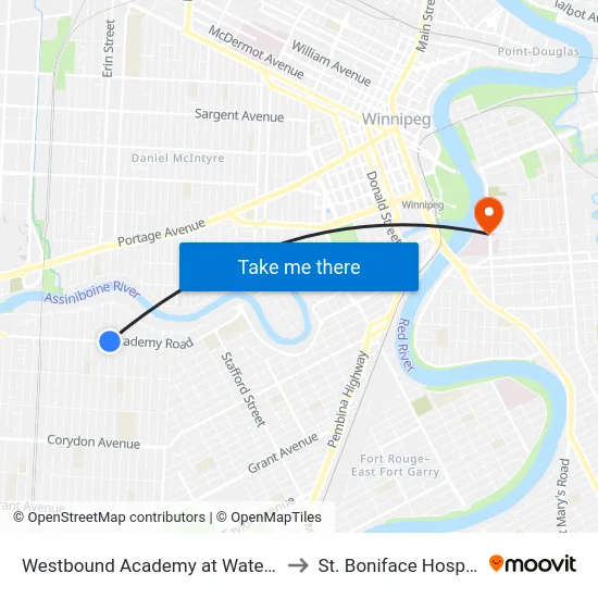 Westbound Academy at Waterloo to St. Boniface Hospital map
