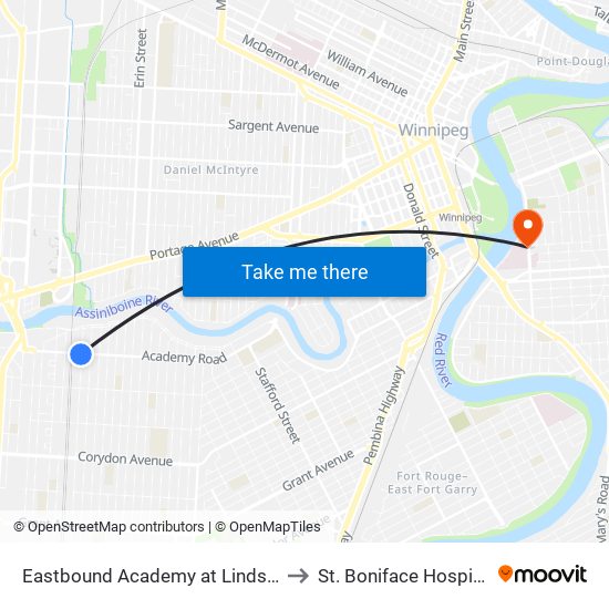 Eastbound Academy at Lindsay to St. Boniface Hospital map