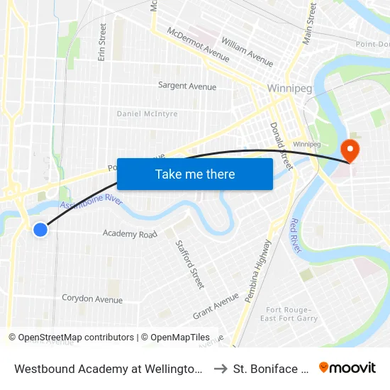 Westbound Academy at Wellington Crescent South to St. Boniface Hospital map