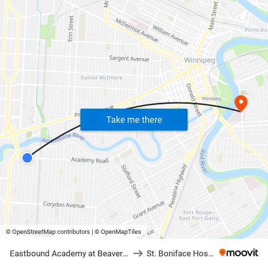 Eastbound Academy at Beaverbrook to St. Boniface Hospital map