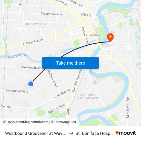 Westbound Grosvenor at Waverley to St. Boniface Hospital map