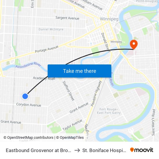 Eastbound Grosvenor at Brock to St. Boniface Hospital map