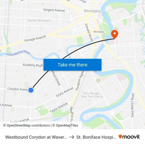 Westbound Corydon at Waverley to St. Boniface Hospital map