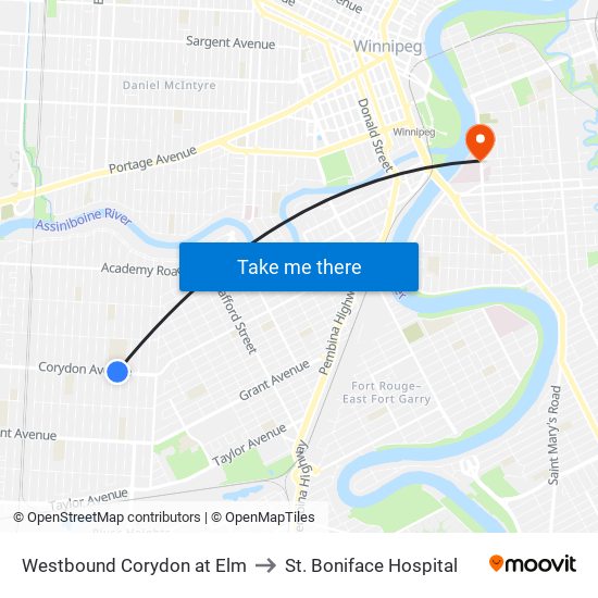 Westbound Corydon at Elm to St. Boniface Hospital map