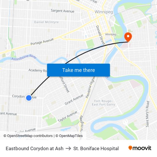 Eastbound Corydon at Ash to St. Boniface Hospital map