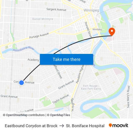 Eastbound Corydon at Brock to St. Boniface Hospital map