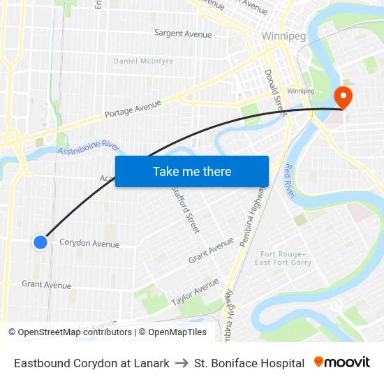 Eastbound Corydon at Lanark to St. Boniface Hospital map