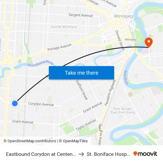 Eastbound Corydon at Centennial to St. Boniface Hospital map
